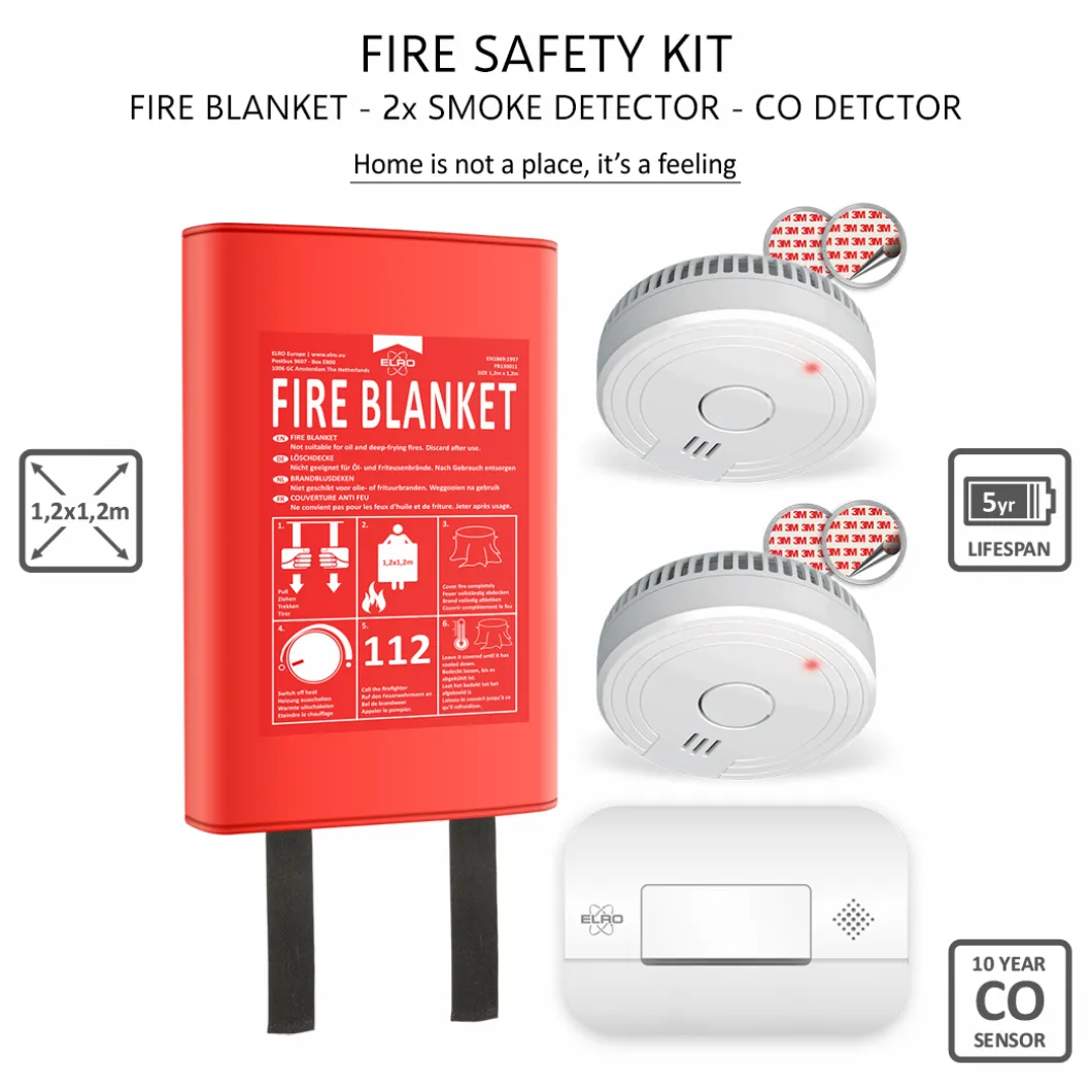 ELRO Brandpreventieset - 2X Rookmelder Met 5 Jaar Batterij En Magneetmontage - Co Melder Met 10 Jaar Sensor - Blusdeken Hardcover 1,2M X 1,2M (Ff0404)