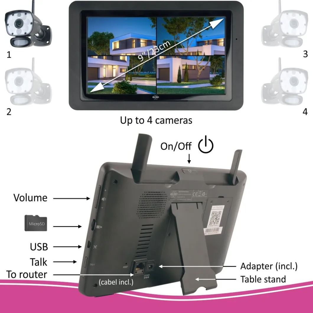 ELRO Color Night Vision Beveiligingscamera Set Met 9" Scherm En App (Cz60Rip)