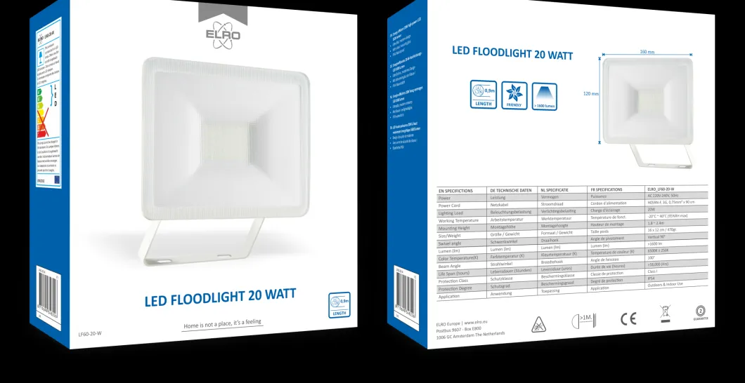ELRO Design Led Buitenlamp 20W – 1600Lm – Ip54 Waterdicht - Wit (Lf60-20-W)