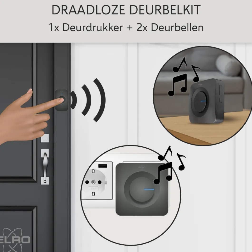 ELRO Draadloze Deurbel Set – Plug-In Ontvanger + Batterij Ontvanger (Db3000Pb-P1C2B)
